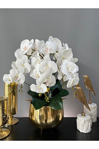LİLOTEHOME Yapay Luxury Orkide 5 Dal Islak Beyaz Japon Model Gold Renk Saksı