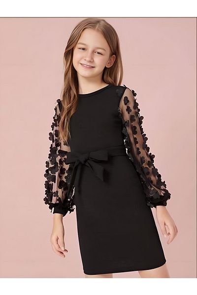Muraty Belted Black Tulle Detailed Children's Dress