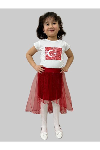 Esterella Girl's/ Ataturk Flag Themed / Double Sided Sequin / Tulle Skirt Suit