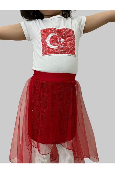 Esterella Girl's/ Ataturk Flag Themed / Double Sided Sequin / Tulle Skirt Suit