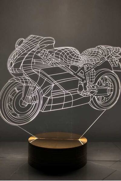 BY-LAMP Motorsiklet Figürlü Led Masa Lambası | 7 Işık Rengi | Ahşap Taban