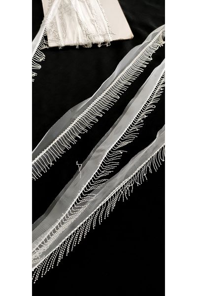 ALTAY TEKSTİL ÜRÜNLERİ White Tulle Silver Ball Chain Fringe Ribbon