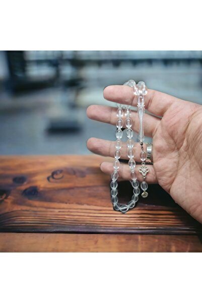 Budakoğulları 7x11mm Beyzi Kesim Uçak Camı Gümüş Kaplama Püsküllü Tesbih Erkek Hediyelik