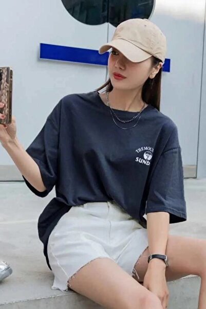 Machetta Plus Size Unisex Navy Blue Mountain Sunday Printed Crew Neck Oversize T-shirt