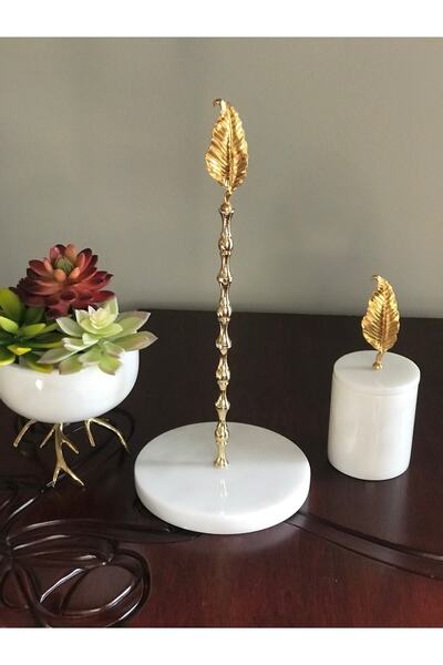 MIARIK DESIGN & DEKORASYON Beyaz Mermer Yaprak Detaylı Peçetelik Havluluk (gold Altın)
