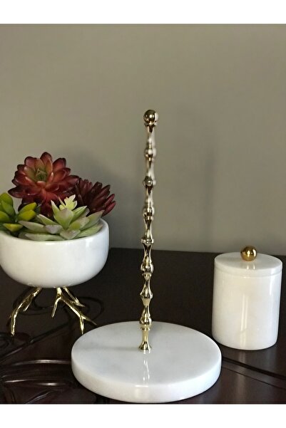 MIARIK DESIGN & DEKORASYON Beyaz Mermer Top Aksesuarli Peçetelik Havluluk (gold)