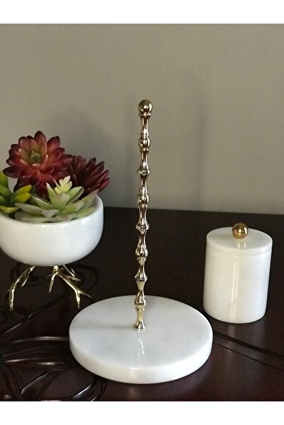 MIARIK DESIGN & DEKORASYON Beyaz Mermer Top Aksesuarli Peçetelik Havluluk (gold)