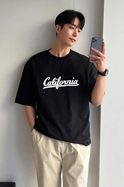 MODAGEN Unisex Cotton Black California μπλουζάκι με λαιμόκοψη Oversize Boyfriend