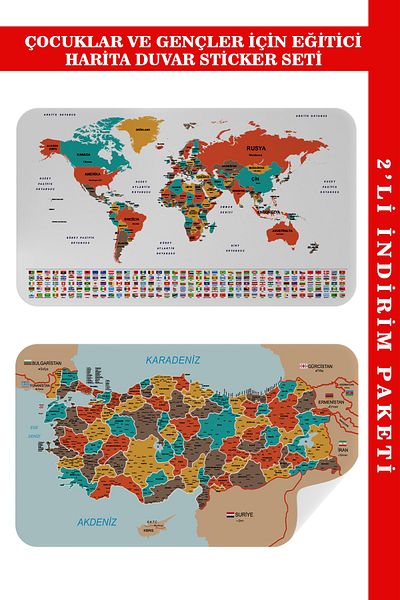 Doğal Tercih 3886XL Model Educational and Tutorial World and Turkey Map Children's Room Wall Sticker