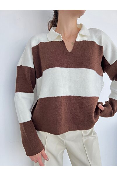 Jose Clothing Pulover de damă cu guler polo cu dungi groase - supradimensionat