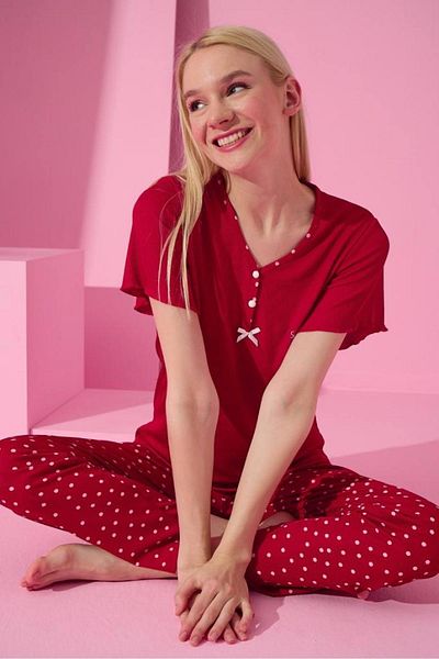 MEBA Set pijama roșu camisole cu mânecă scurtă pentru femei -5