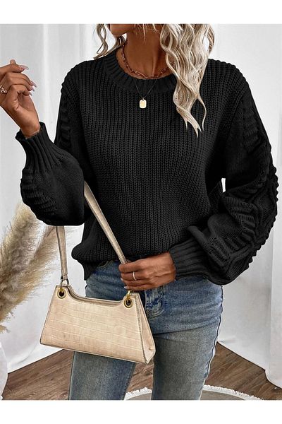 AQE FASHION Pulover tricotat negru cu mâneci Selanik cu decolteu crew