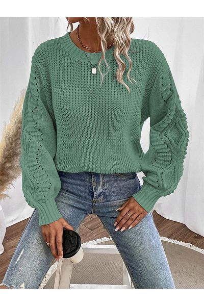 AQE FASHION Pulover tricotat verde Selanik cu mâneci tricotate cu decolteu crew