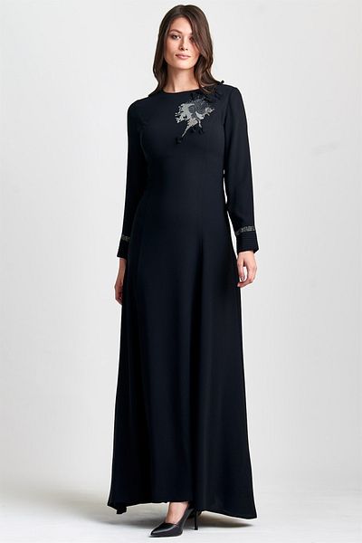 Esswaap Black Sleeve Pleated, Stone and Flower Accessory Evening Dress