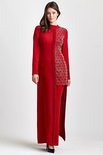 Esswaap Kırmızı Asimetrik, Sol Beden Taşlı Hakim Yakalı Elbise