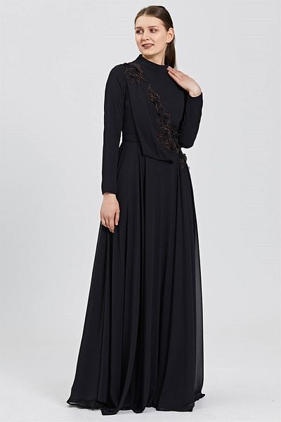 Esswaap Black Evening Dress with Flower Embroidery, Jewelled Collar and Chiffon