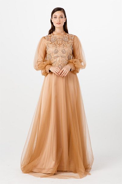 Esswaap Gold Tulle Floral Stone Patterned Evening Dress with Smocked Sleeves