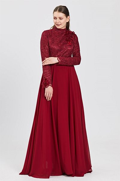 Esswaap Rochie de seara de marime mare burgundy cu fusta din sifon cu accesorii din dantela, flori si frunze