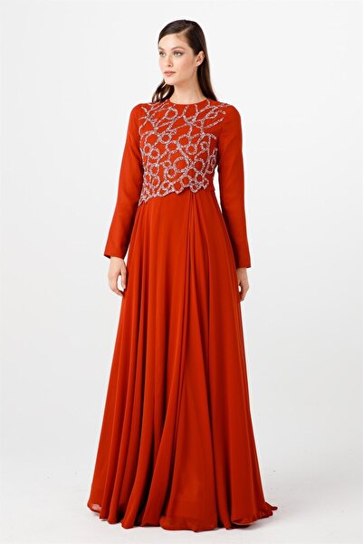 Esswaap Bakır Asimetrik Taş Detaylı, Şifon Abiye Elbise