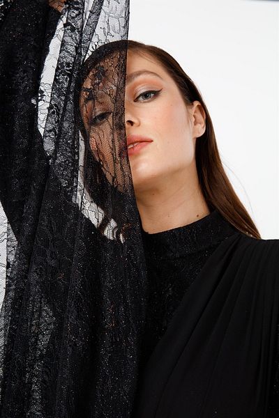 Esswaap Black Stone Buckle Belt, Flusher and Lace Evening Dress