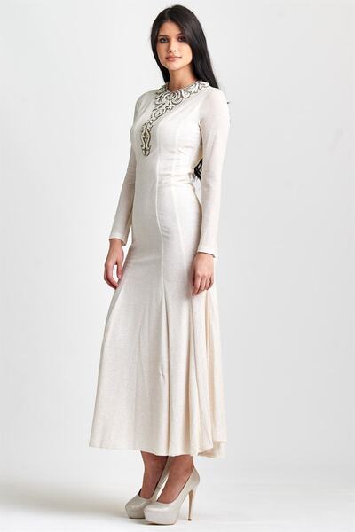 Esswaap Ecru Collar Pasting Jewelled Fish Collar Evening Dress