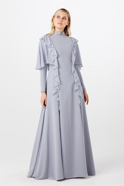 Esswaap Gray Light Fish Cut Shoulder Evening Dress with Stone and Flywheel Combination