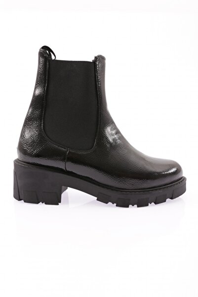 DGN Women's Stretch Detailed Heeled Boots Black Wrinkled Patent Leather 23142...