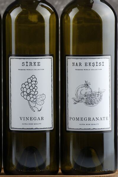 incili home Marasca Set of 3 750 Ml Olive Oil - Vinegar and Pomegranate Syrup with Wooden Stand