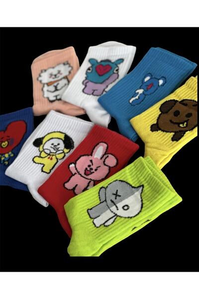 çorapdunyam Унисекс комплект от 8 броя, цветни, с емотикони от група Bts, весели колежански тенис чорапи