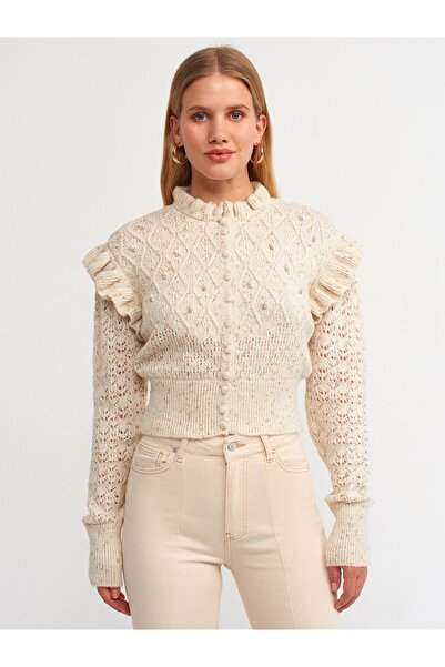 Dilvin 60183 Πλεκτό πουλόβερ με βολάν σε λαιμόκοψη ποδηλάτου-εκρού-μπεζ