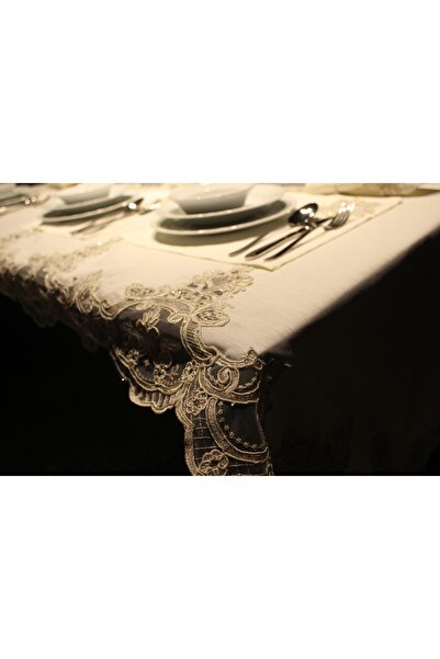 HUZUR ÇEYİZ Estrella Fransız Güpürlü Kendinden Runnerli 25 Parça Yemek Takımı