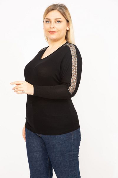 Şans Women's Black Plus Size Sleeve Detailed V-Neck Blouse 65n35784