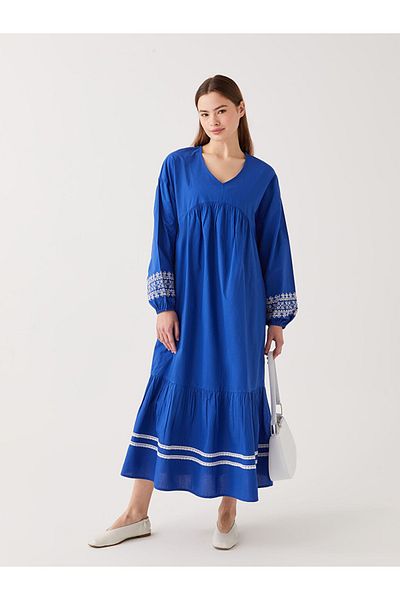 LC Waikiki Patterned V-Neck Long Sleeve Women's Dress