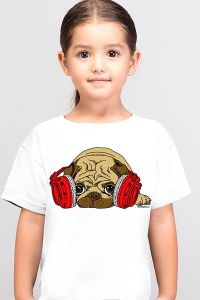 ROCKANDROLL Câine cu căști Tricou alb cu mânecă scurtă pentru fete