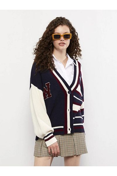 LC Waikiki Casual V Neck Color Block Long Sleeve Women's Knitwear Cardigan