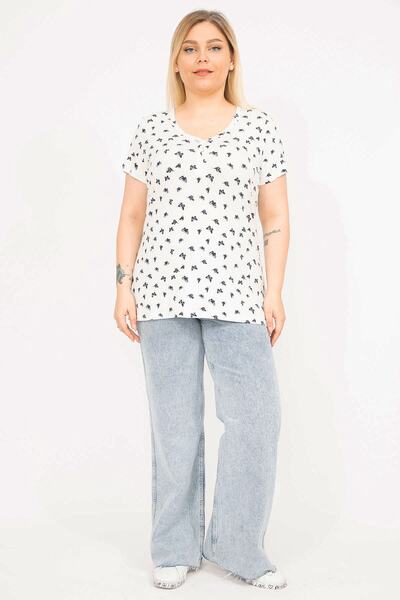 Şans Women's White Plus Size Front Buttoned Short Sleeve Blouse 65n35788