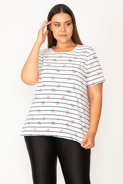 Şans Women's White Large Size Cotton Fabric Marine Patterned Crew Neck Short Sleeve Blouse 65n35769