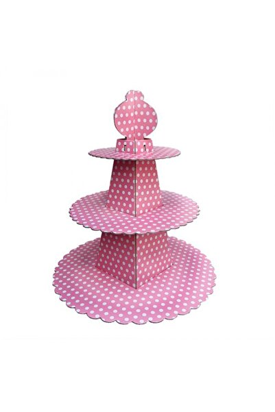 ELGALA 3 Katlı Karton Cupcake Standı Piramit Modeli Pembe Puantiyeli