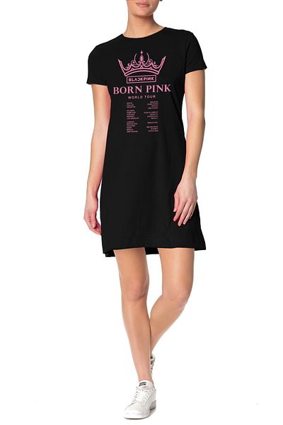 ROCKANDROLL Rochie tricou damă Blackpink Tour neagră cu mânecă scurtă din bumbac pieptănat