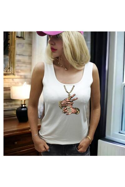 LARİSA COLLECTİON Kalin Askılı Baskılı Kolsuz Tişört S/3xl