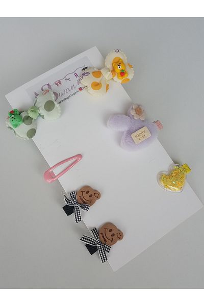 swan butik Swan Butuik Girl Child Baby Buckle Set Bow Furry Rabbit Smiling Face Transparent Heart Buckle Set 7 Pcs