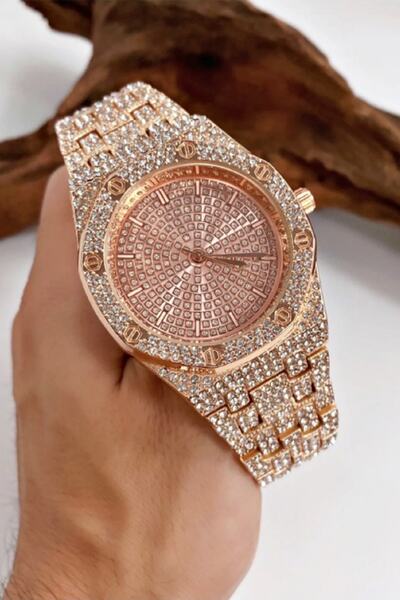 UBUH SHOP Iced Out Watch Rose Gold Full Zirkon Taşlı Sekizgen Köşeli Çelik Saat