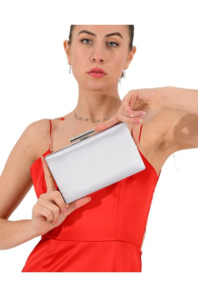 Biçanta Gri Renk Saten Taşlı Kasa Abiye Çanta Gece Çantası Düğün Nişan Çantası