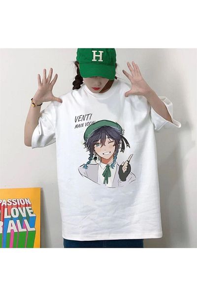 Touz Tricou oversize unisex alb cu imprimeu Genshin Impact Venti