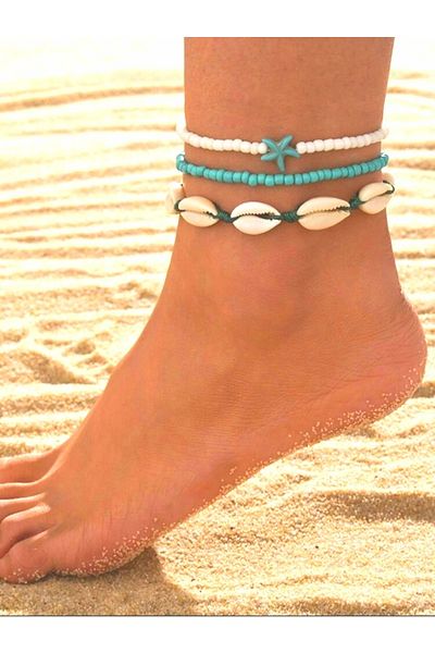 Roe takı aksesuar Green White Anklet Seashell and Miyuki Set of 3