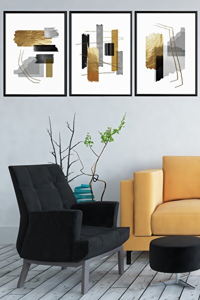 Linacci Üçlü Siyah Alüminyum Metal Çerçeveli Geometrik Soyut Siyah Beyaz Camlı Poster Tablo Seti