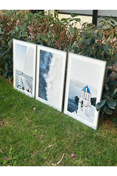 Linacci Triple Silver Aluminum Metal Framed Architectural Windmill Poster Painting Set with Blue Glass