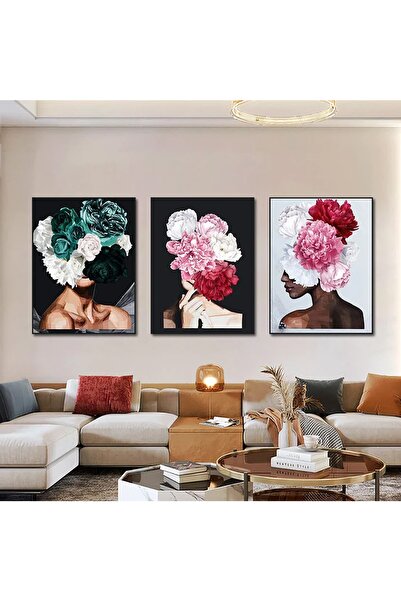 Linacci Σετ ζωγραφικής αφίσας με τριπλό μαύρο μεταλλικό πλαίσιο από αλουμίνιο γυναικείο λουλουδάτο ροζ γυαλί