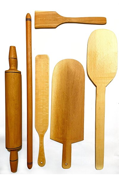 Kitchen Mania 6 Parça Ahşap Merdane Oklava Seti-çevirgeç-pide Pizza Küreği-ha...