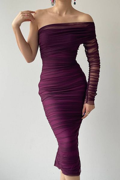 Julishop Rochie de seară creion premium din țesătură din tul drapat pentru femei, cu o singură mânecă, slim-fit, lungime midi, culoare visiniu-violet